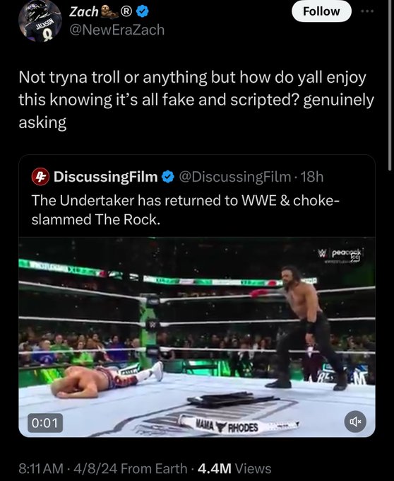 lucha libre - Jackson Zach Not tryna troll or anything but how do yall enjoy this knowing it's all fake and scripted? genuinely asking 4 DiscussingFilm 18h The Undertaker has returned to Wwe & choke slammed The Rock. Xi 11819 Mama Rhodes 4824 From Earth 4