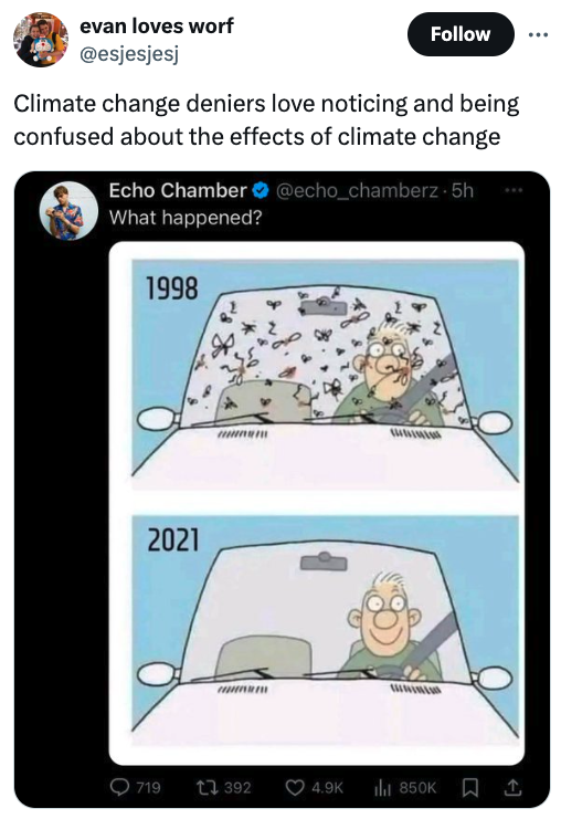 cartoon - evan loves worf Climate change deniers love noticing and being confused about the effects of climate change Echo Chamber . 5h What happened? 1998 2021 719 392 1