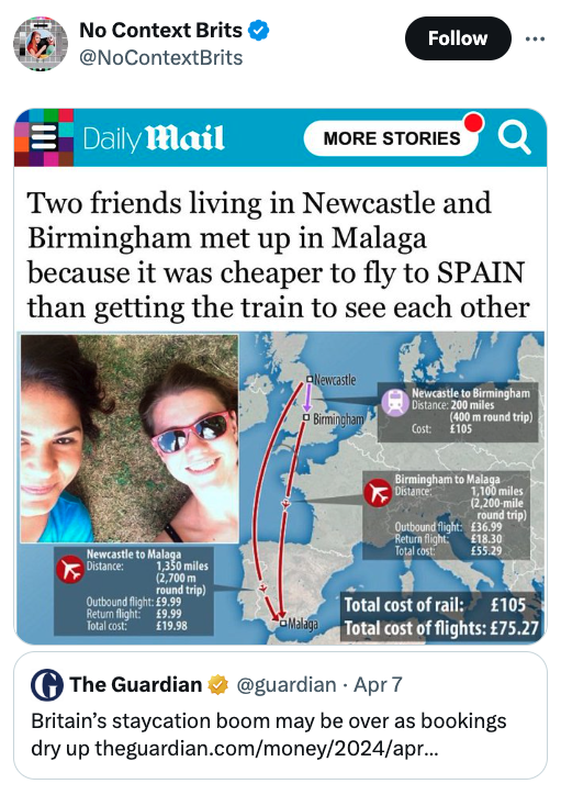screenshot - No Context Brits Daily Mail More Stories Two friends living in Newcastle and Birmingham met up in Malaga because it was cheaper to fly to Spain than getting the train to see each other astle Newcastle be Birmingham Distance 200 miles 400 m ro