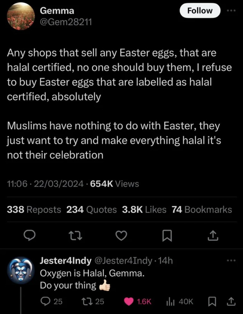 screenshot - Gemma Any shops that sell any Easter eggs, that are halal certified, no one should buy them, I refuse to buy Easter eggs that are labelled as halal certified, absolutely Muslims have nothing to do with Easter, they just want to try and make e