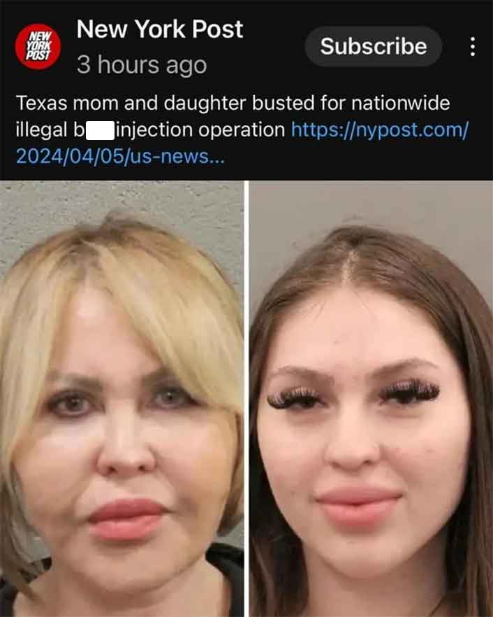 Arrest - New York Post New York Post 3 hours ago Subscribe Texas mom and daughter busted for nationwide illegal binjection operation usnews...