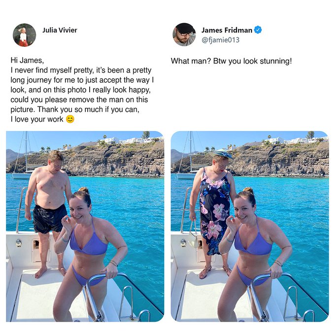 james fridman - Hi James, Julia Vivier I never find myself pretty, it's been a pretty long journey for me to just accept the way I look, and on this photo I really look happy, could you please remove the man on this picture. Thank you so much if you can, 