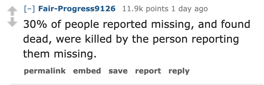 number - FairProgress9126 points 1 day ago 30% of people reported missing, and found dead, were killed by the person reporting them missing. permalink embed save report