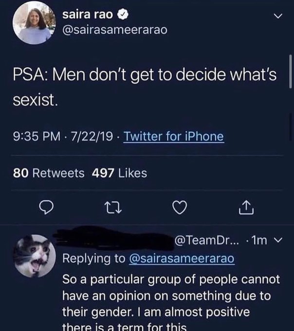 screenshot - saira rao > Psa Men don't get to decide what's sexist. 72219 Twitter for iPhone 80 497 27 ... .1m v So a particular group of people cannot have an opinion on something due to their gender. I am almost positive there is a term for this