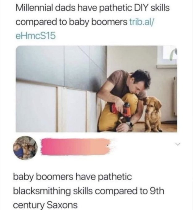 least i have the emotional capacity - Millennial dads have pathetic Diy skills compared to baby boomers trib.al eHmcS15 baby boomers have pathetic blacksmithing skills compared to 9th century Saxons