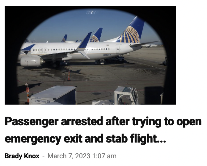 Chicago O'Hare International Airport - Good Co N63490 United Passenger arrested after trying to open emergency exit and stab flight... Brady Knox