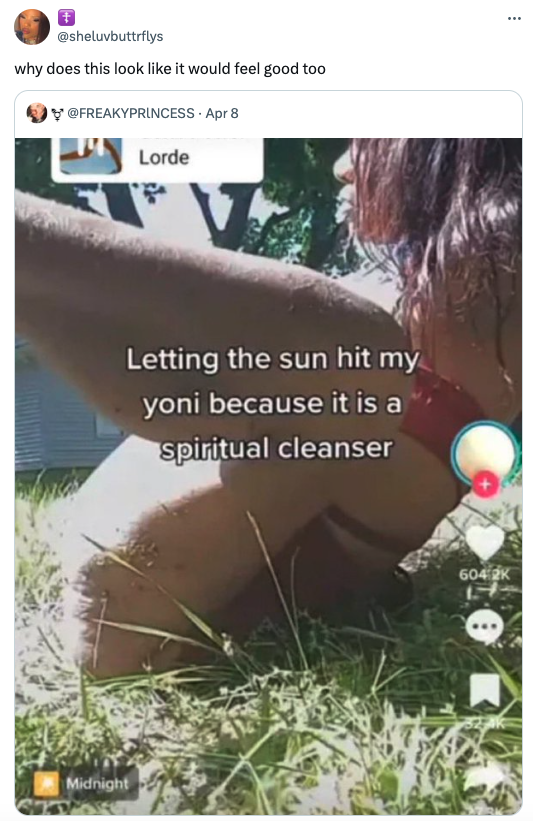 photo caption - why does this look it would feel good too Freakyprincess Apr 8 Lorde Midnight Letting the sun hit my yoni because it is a spiritual cleanser 604 K