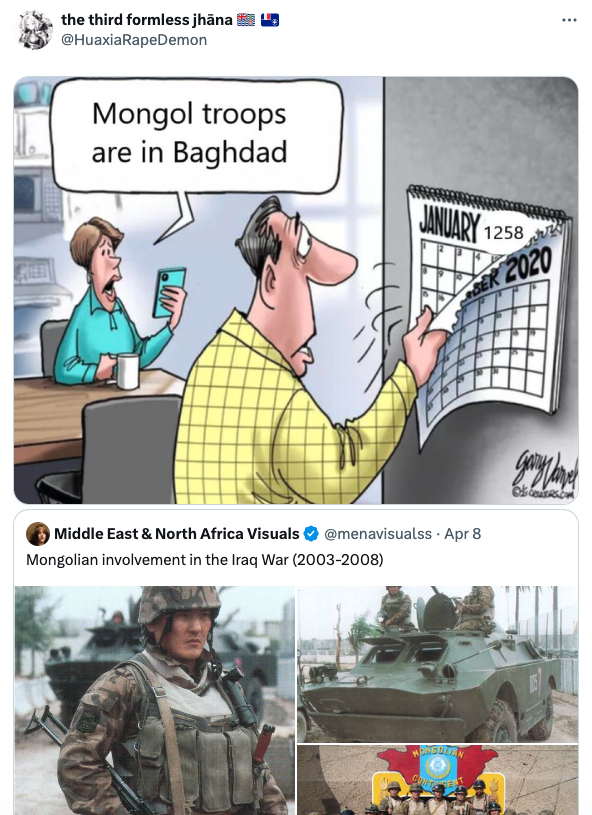 literally 1984 meme - the third formless jhna I Mongol troops are in Baghdad Er 2020 Middle East & North Africa Visuals Apr 8 Mongolian involvement in the Iraq War 20032008
