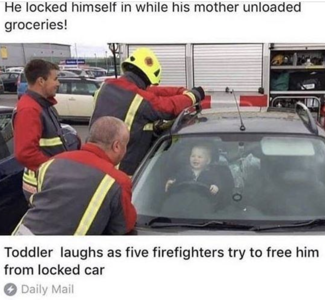 car - He locked himself in while his mother unloaded groceries! Toddler laughs as five firefighters try to free him from locked car > Daily Mail