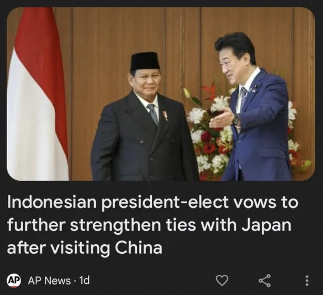 Prabowo Subianto - Indonesian presidentelect vows to further strengthen ties with Japan after visiting China Ap Ap News 1d