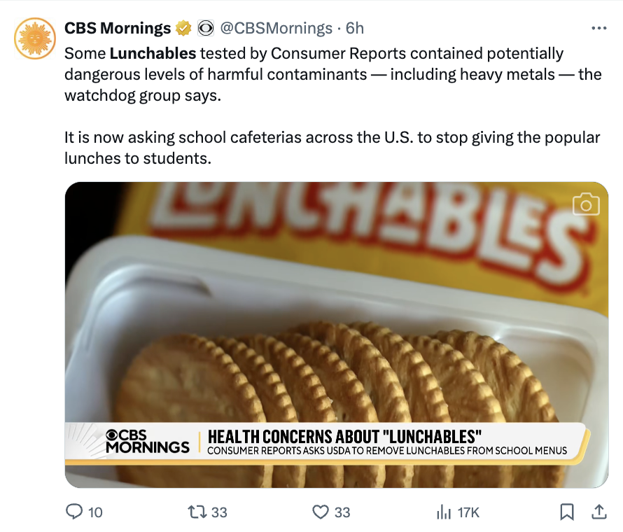 ritz cracker - Cbs Mornings . 6h Some Lunchables tested by Consumer Reports contained potentially dangerous levels of harmful contaminants including heavy metals the watchdog group says. It is now asking school cafeterias across the U.S. to stop giving th