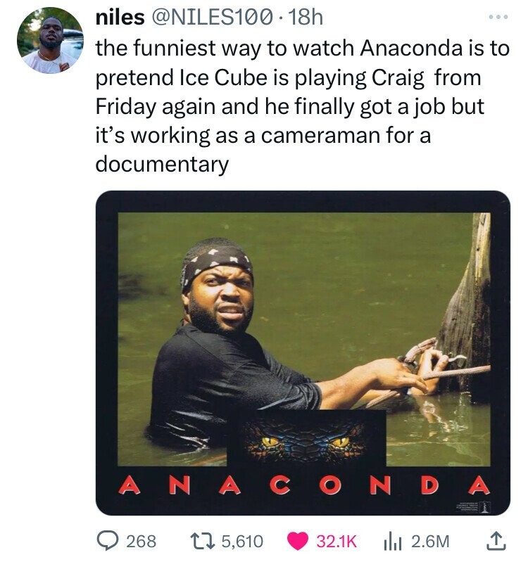 Anaconda - niles .18h the funniest way to watch Anaconda is to pretend Ice Cube is playing Craig from Friday again and he finally got a job but it's working as a cameraman for a documentary Anaconda 268 15,610 Ilil 2.6M