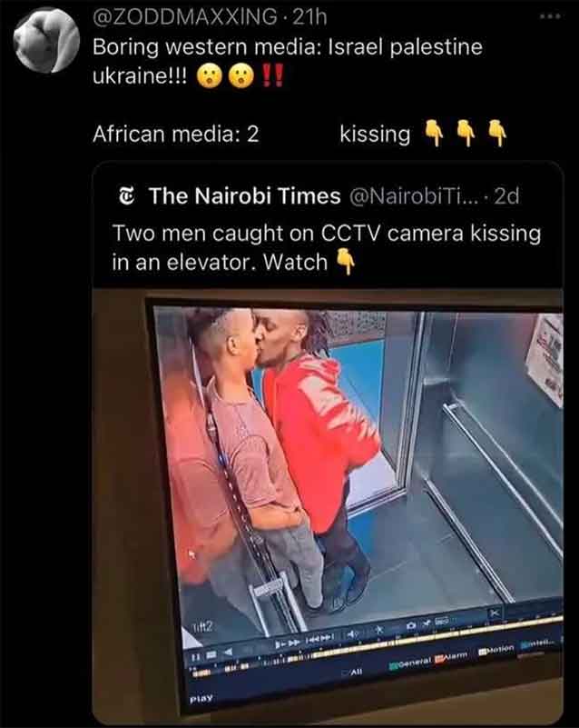 Kiss - 21h Boring western media Israel palestine !! ukraine!!! African media 2 kissing The Nairobi Times .... 2d Two men caught on Cctv camera kissing in an elevator. Watch Tift2 Play D'All And