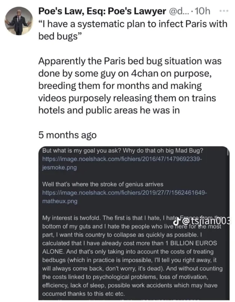 Bed bug - Poe's Law, Esq Poe's Lawyer ... 10h "I have a systematic plan to infect Paris with bed bugs" Apparently the Paris bed bug situation was done by some guy on 4chan on purpose, breeding them for months and making videos purposely releasing them on 