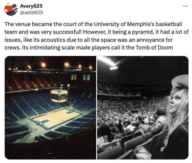audience - Avery625 The venue became the court of the University of Memphis's basketball team and was very successful! However, it being a pyramid, it had a lot of issues, its acoustics due to all the space was an annoyance for crews. Its intimidating sca