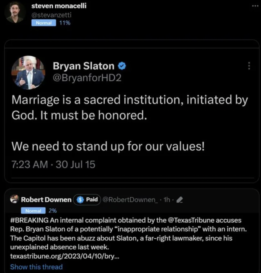 screenshot - steven monacelli Normal 11% Bryan Slaton >> Marriage is a sacred institution, initiated by God. It must be honored. We need to stand up for our values! 30 Jul 15 Robert Downen Paid tha Normal 2% An internal complaint obtained by the accuses R
