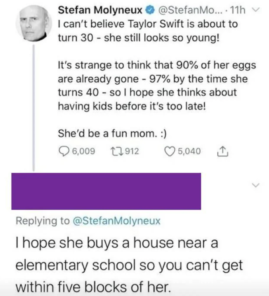 screenshot - Stefan Molyneux Mo.... 11h I can't believe Taylor Swift is about to turn 30 she still looks so young! It's strange to think that 90% of her eggs are already gone 97% by the time she turns 40 so I hope she thinks about having kids before it's 
