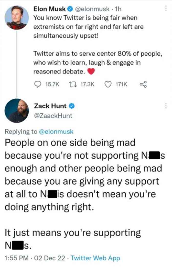 screenshot - Elon Musk 1h You know Twitter is being fair when extremists on far right and far left are simultaneously upset! Twitter aims to serve center 80% of people, who wish to learn, laugh & engage in reasoned debate. Zack Hunt People on one side bei