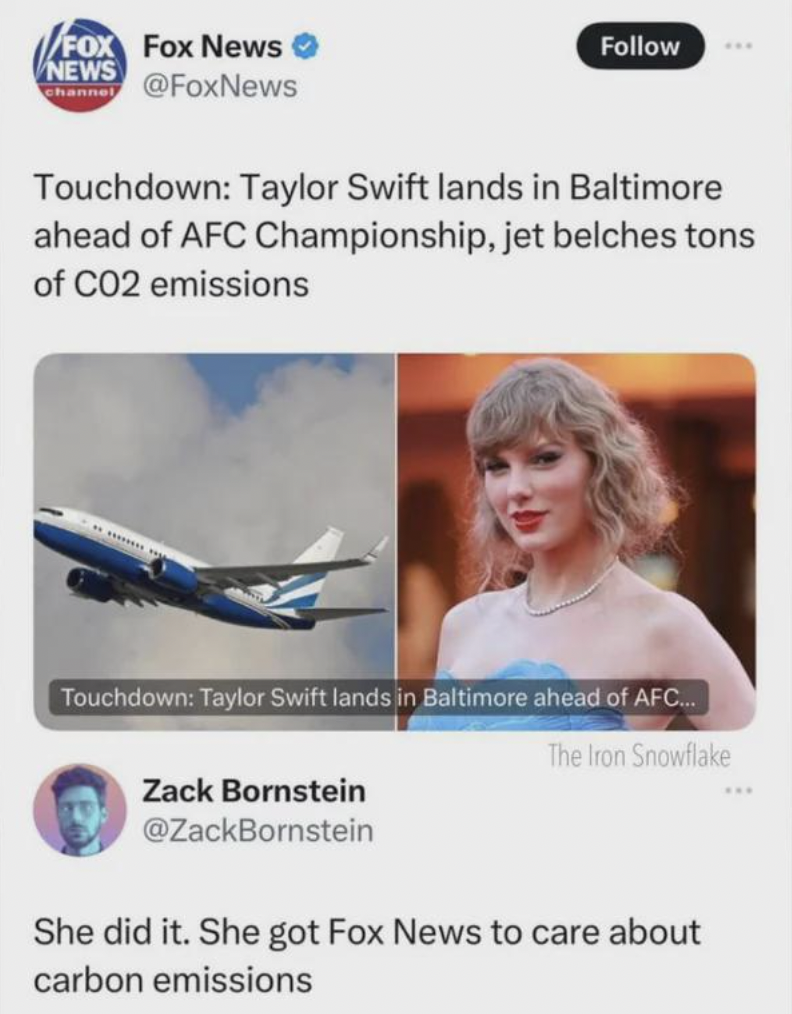 boeing 747-400 - Fox Fox News News Touchdown Taylor Swift lands in Baltimore ahead of Afc Championship, jet belches tons of CO2 emissions Touchdown Taylor Swift lands in Baltimore ahead of Afc... Zack Bornstein The Iron Snowflake She did it. She got Fox N
