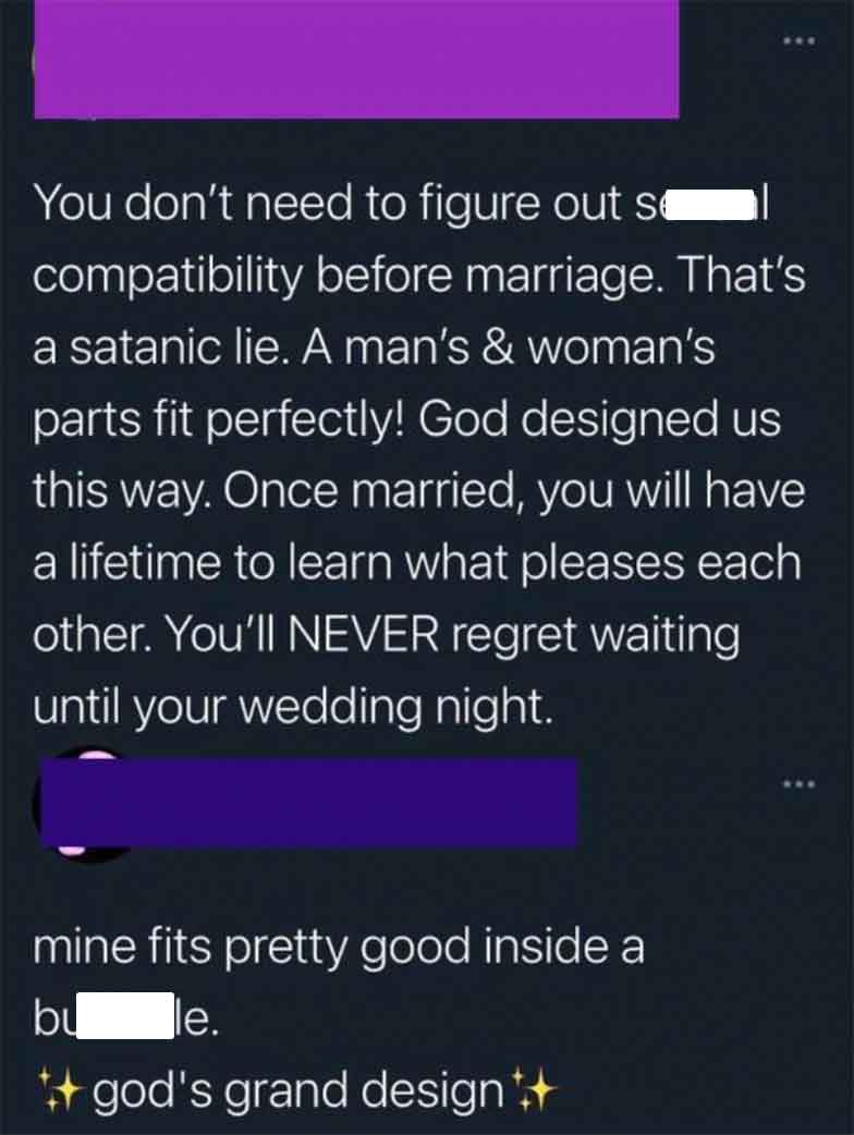 screenshot - You don't need to figure out so compatibility before marriage. That's a satanic lie. A man's & woman's parts fit perfectly! God designed us this way. Once married, you will have a lifetime to learn what pleases each other. You'll Never regret