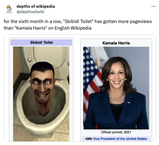 skibidi toilet - depths of wikipedia for the sixth month in a row, "Skibidi Toilet" has gotten more pageviews than "Kamala Harris" on English Wikipedia .... Skibidi Toilet Kamala Harris Official portrait, 2021 49th Vice President of the United States