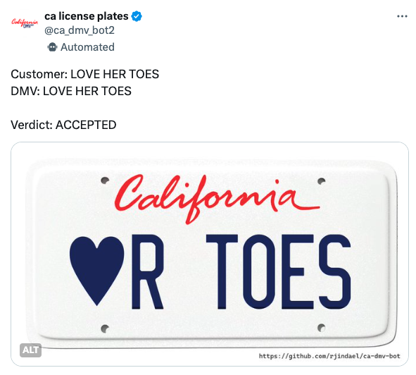 heart - Californ ca license plates Automated Customer Love Her Toes Dmv Love Her Toes Verdict Accepted Alt "California' R Toes