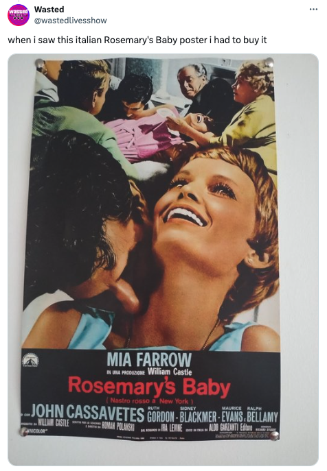 rosemary's baby affiche - Wasted when i saw this italian Rosemary's Baby poster i had to buy it Mia Farrow William Castle Rosemary's Baby Nastro rosso New York John Cassavetes GordonBlackmerEvans Bellamy
