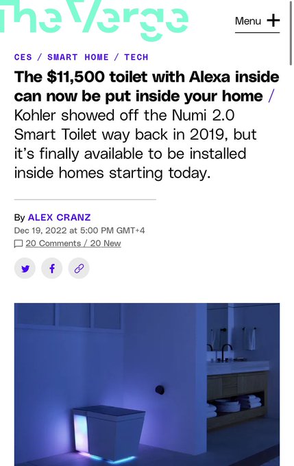 screenshot - The Verge Ces Smart Home Tech Menu The $11,500 toilet with Alexa inside can now be put inside your home Kohler showed off the Numi 2.0 Smart Toilet way back in 2019, but it's finally available to be installed inside homes starting today. By A