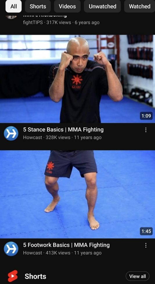 screenshot - All Shorts Videos Unwatched Watched fightTIPS views 6 years ago 5 Stance Basics | Mma Fighting Howcast views 11 years ago 5 Footwork Basics | Mma Fighting Howcast views 11 years ago Shorts View all