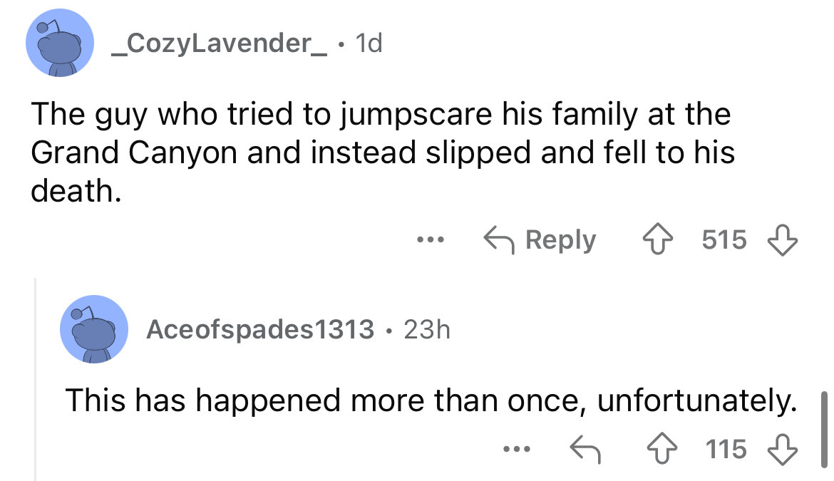 screenshot - _CozyLavender_ 1d The guy who tried to jumpscare his family at the Grand Canyon and instead slipped and fell to his death. 515 Aceofspades1313 23h This has happened more than once, unfortunately. ... 115