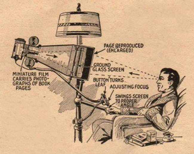 retro futuristic inventions - Miniature Film Carries Photo Graphs Of Book Pages Page Reproduced Enlarged Ground Glass Screen Button Turns Leaf Adjusting Focus Swings Screen, To Proper Angle