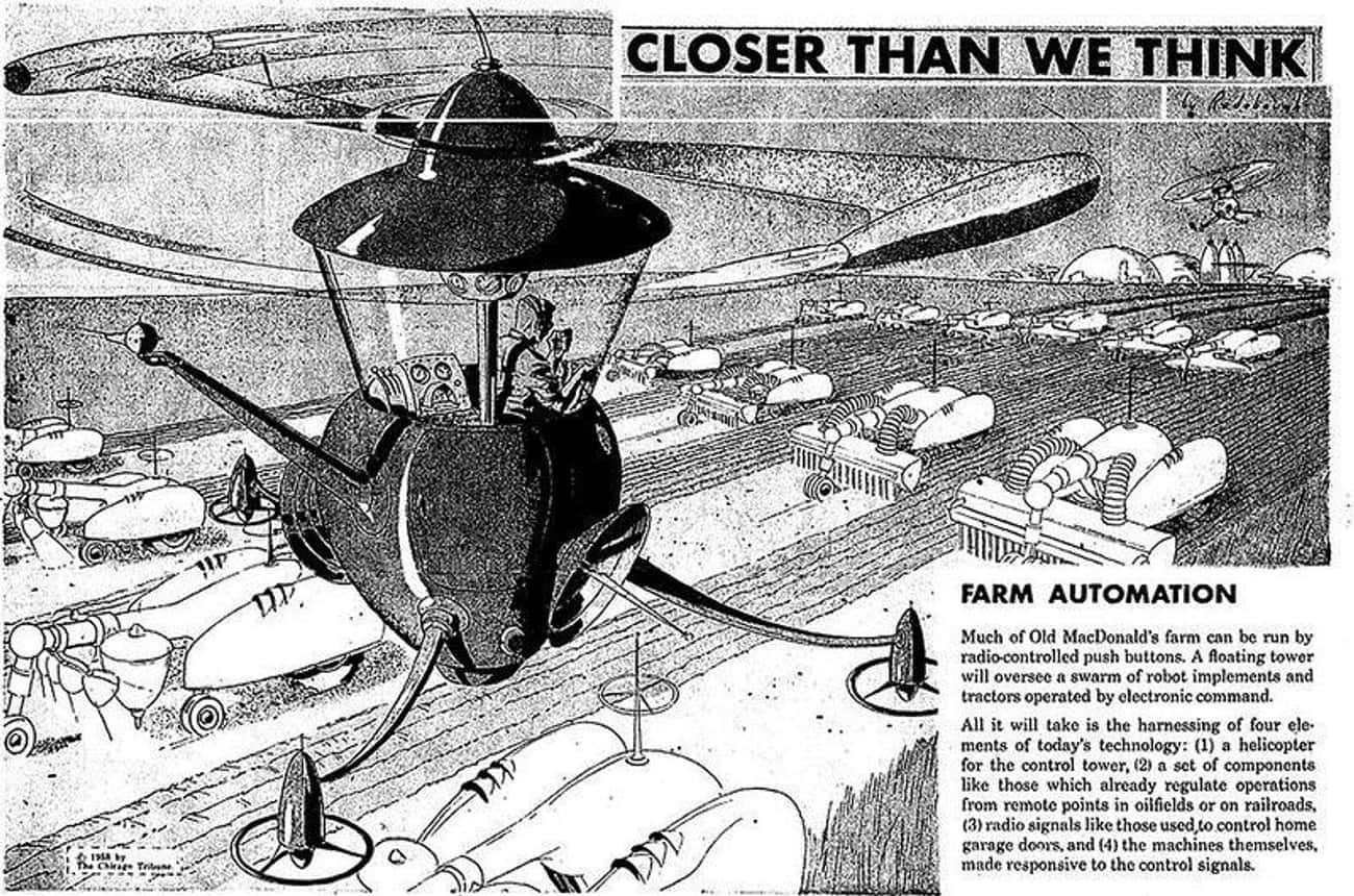 retro futuristic farm - 1358 by The Chirage Tribune Closer Than We Think Farm Automation Much of Old MacDonald's farm can be run by radiocontrolled push buttons. A floating tower will oversee a swarm of robot implements and tractors operated by electronic