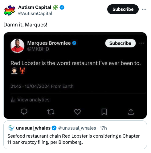 screenshot - Autism Capital Damn it, Marques! Marques Brownlee Subscribe Subscribe Red Lobster is the worst restaurant I've ever been to. 16042024 From Earth ilil View analytics 27 unusual_whales 17h Seafood restaurant chain Red Lobster is considering a C