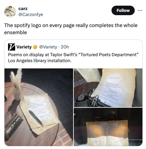 tattoo - carz The spotify logo on every page really completes the whole ensemble Variety . 20h Poems on display at Taylor Swift's "Tortured Poets Department" Los Angeles library installation.