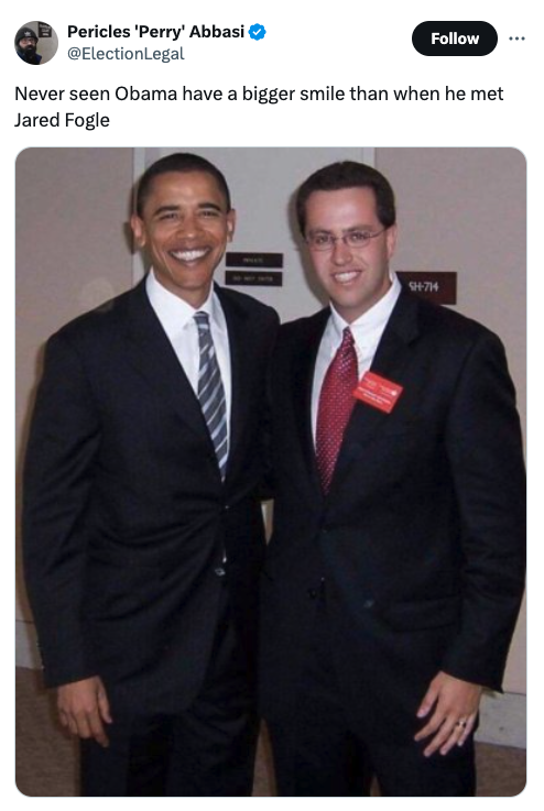 tuxedo - Pericles 'Perry' Abbasi ElectionLegal Never seen Obama have a bigger smile than when he met Jared Fogle 94744