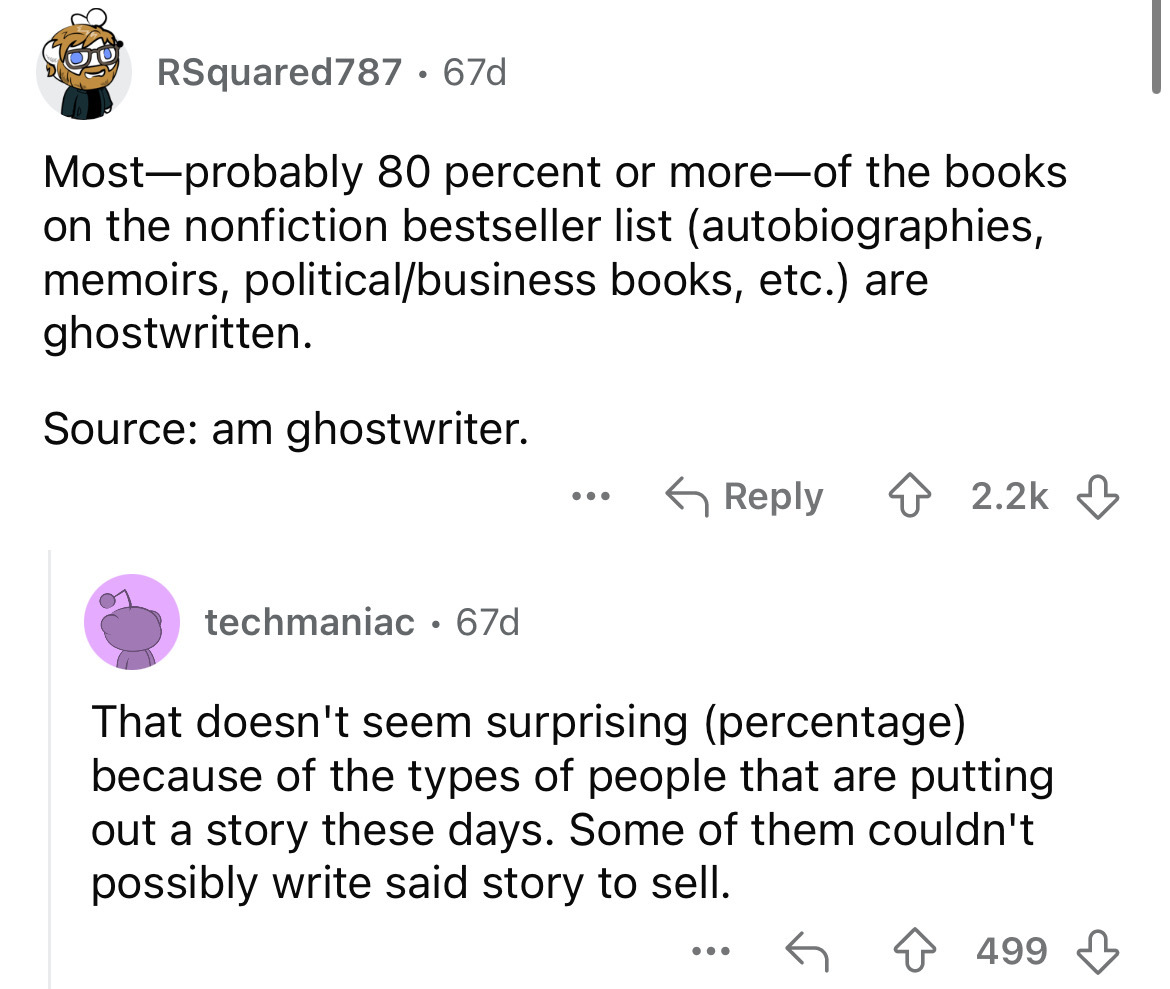 screenshot - RSquared787.67d Mostprobably 80 percent or moreof the books on the nonfiction bestseller list autobiographies, memoirs, politicalbusiness books, etc. are ghostwritten. Source am ghostwriter. techmaniac 67d That doesn't seem surprising percent