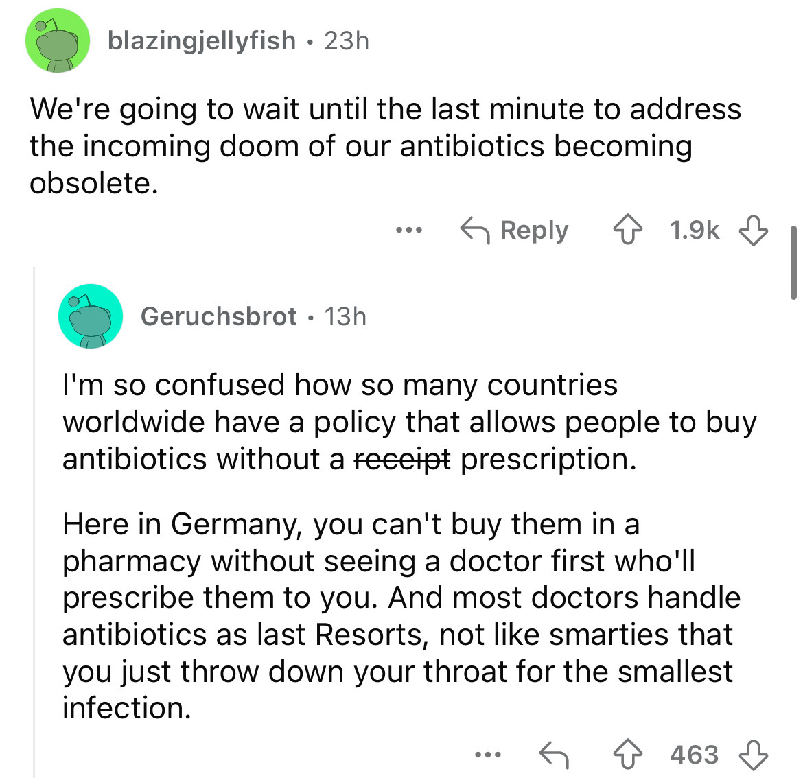 screenshot - blazingjellyfish 23h . We're going to wait until the last minute to address the incoming doom of our antibiotics becoming obsolete. Geruchsbrot 13h I'm so confused how so many countries worldwide have a policy that allows people to buy antibi