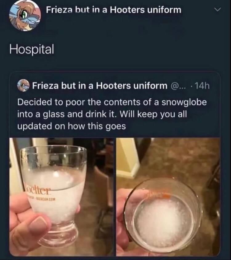 snowglobe hospital meme - Frieza but in a Hooters uniform Hospital Frieza but in a Hooters uniform @.... 14h Decided to poor the contents of a snowglobe into a glass and drink it. Will keep you all updated on how this goes welter Ercup.Com