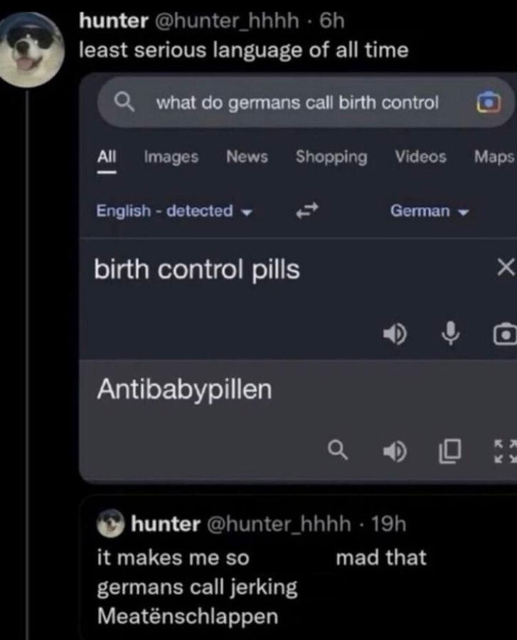 screenshot - hunter . 6h least serious language of all time Qwhat do germans call birth control All Images News Shopping Videos Maps English detected birth control pills Antibabypillen German hunter 19h it makes me so germans call jerking mad that Meatnsc