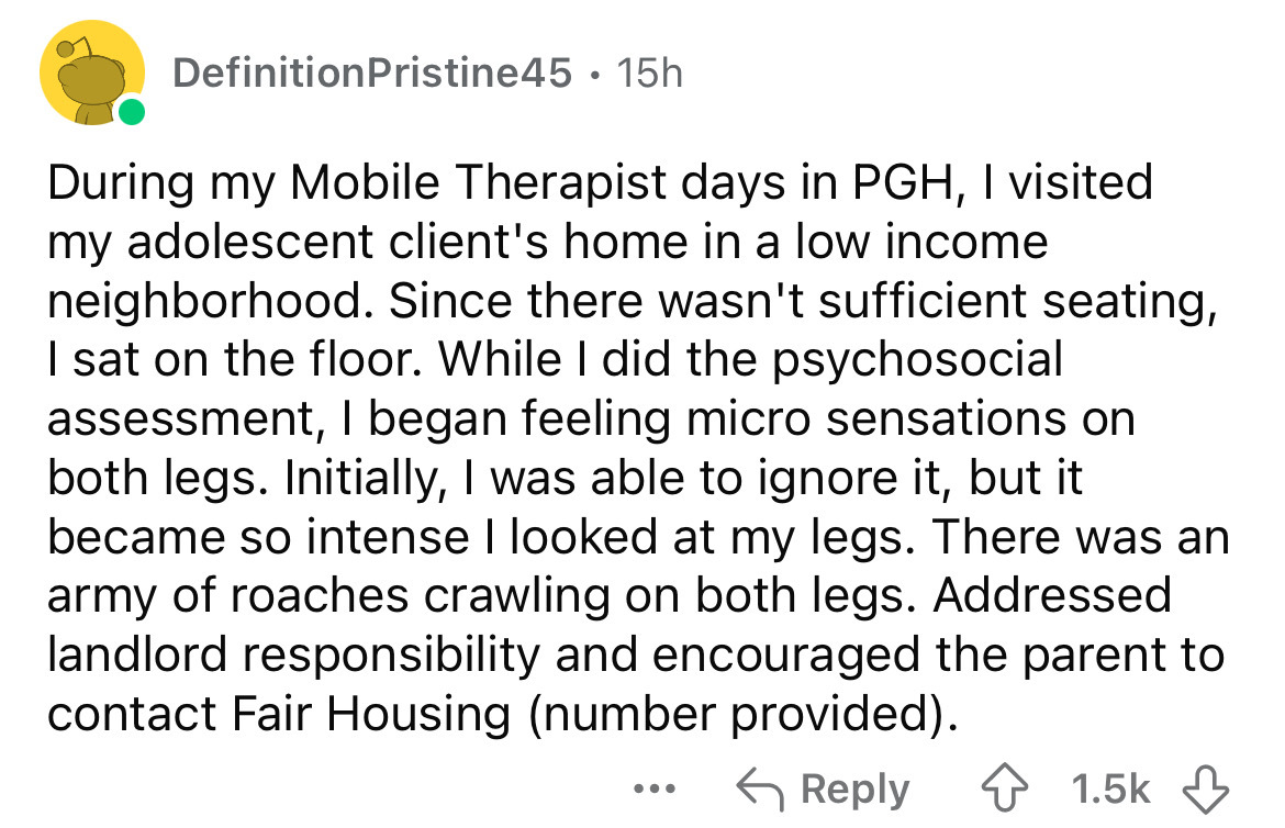 screenshot - Definition Pristine45 15h During my Mobile Therapist days in Pgh, I visited my adolescent client's home in a low income neighborhood. Since there wasn't sufficient seating, I sat on the floor. While I did the psychosocial assessment, I began 