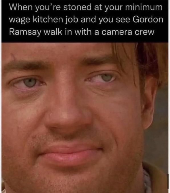 brendan fraser meme - When you're stoned at your minimum wage kitchen job and you see Gordon Ramsay walk in with a camera crew