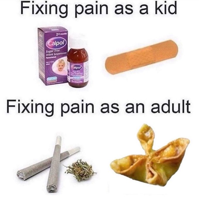 thank you for changing my life crab rangoon meme - Fixing pain as a kid 2 Calpol Sugar Free Intent Suspension Calpol Fixing pain as an adult