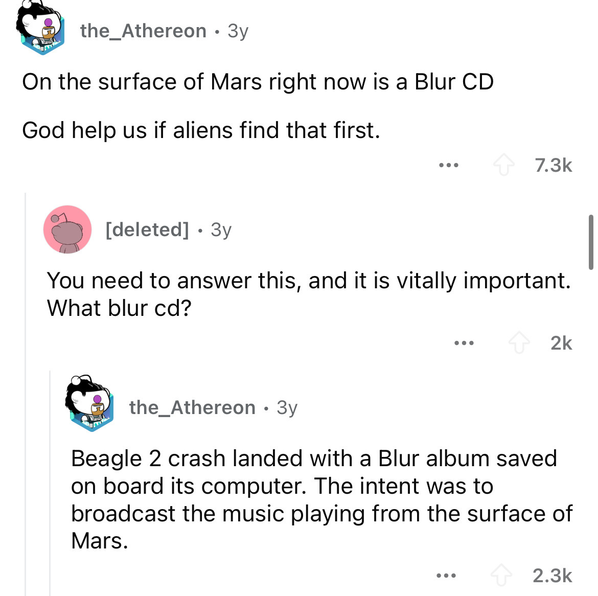 screenshot - the_Athereon 3y On the surface of Mars right now is a Blur Cd God help us if aliens find that first. ... deleted 3y You need to answer this, and it is vitally important. What blur cd? the_Athereon 3y . ... 2k Beagle 2 crash landed with a Blur