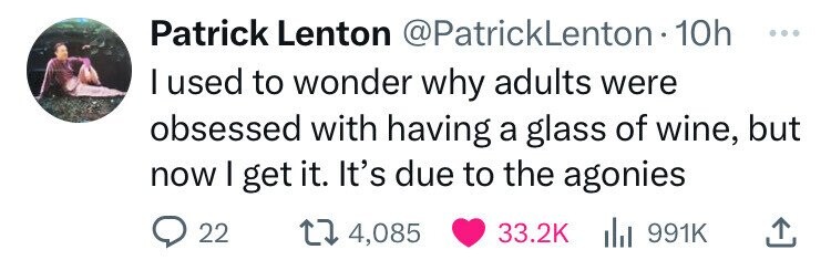 number - Patrick Lenton 10h I used to wonder why adults were obsessed with having a glass of wine, but now I get it. It's due to the agonies 22 14,085