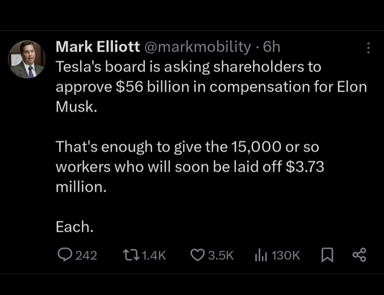 screenshot - Mark Elliott 6h Tesla's board is asking holders to approve $56 billion in compensation for Elon Musk. That's enough to give the 15,000 or so workers who will soon be laid off $3.73 million. Each. 242 ili