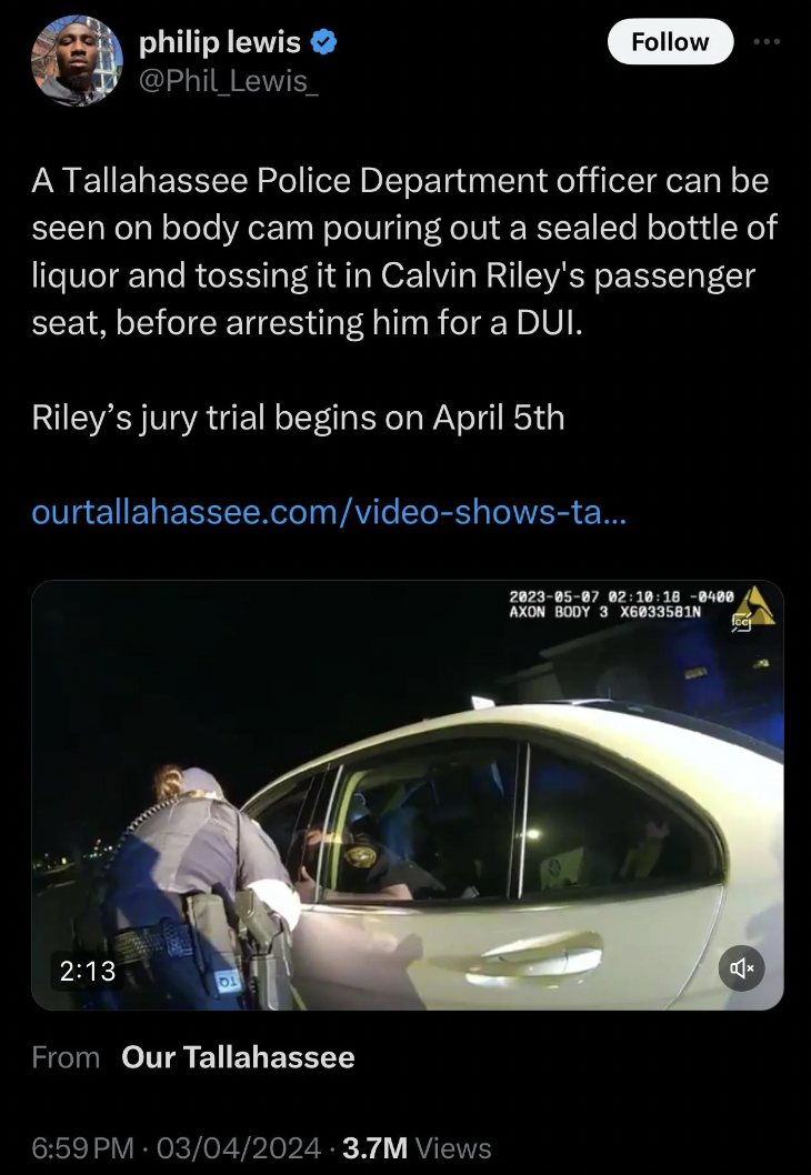 electric car - philip lewis Lewis A Tallahassee Police Department officer can be seen on body cam pouring out a sealed bottle of liquor and tossing it in Calvin Riley's passenger seat, before arresting him for a Dui. Riley's jury trial begins on April 5th
