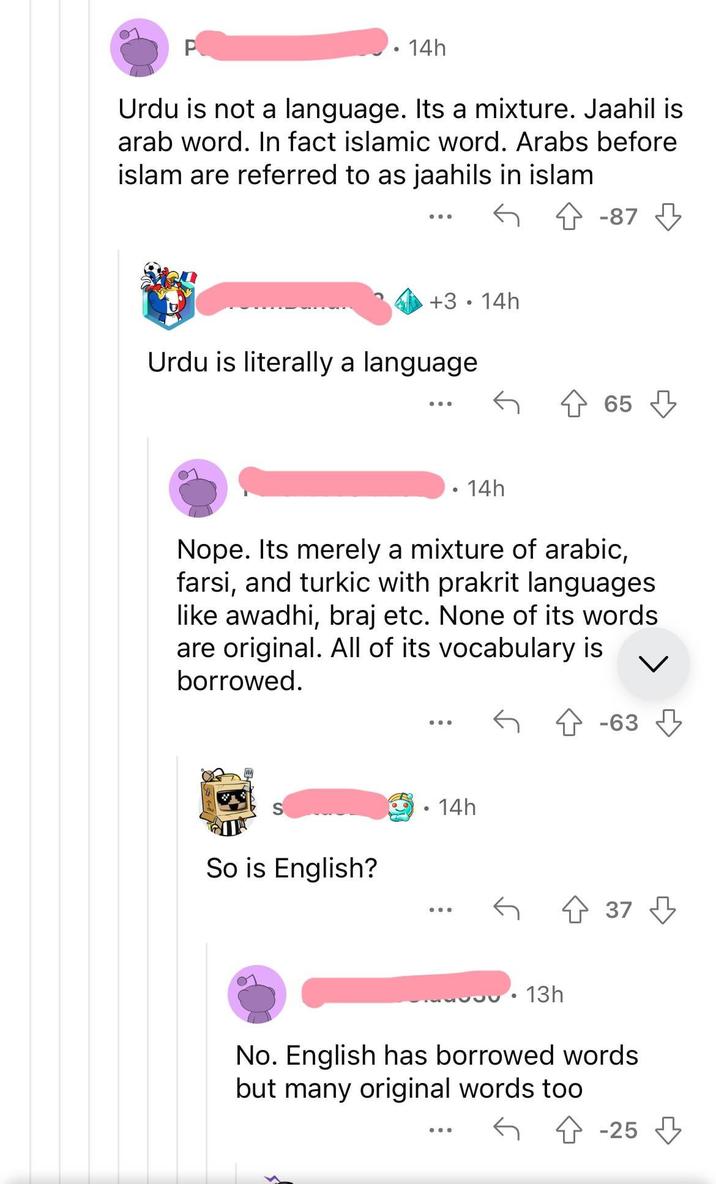 number - 14h Urdu is not a language. Its a mixture. Jaahil is arab word. In fact islamic word. Arabs before islam are referred to as jaahils in islam 3 14h Urdu is literally a language 87 65 14h Nope. Its merely a mixture of arabic, farsi, and turkic with