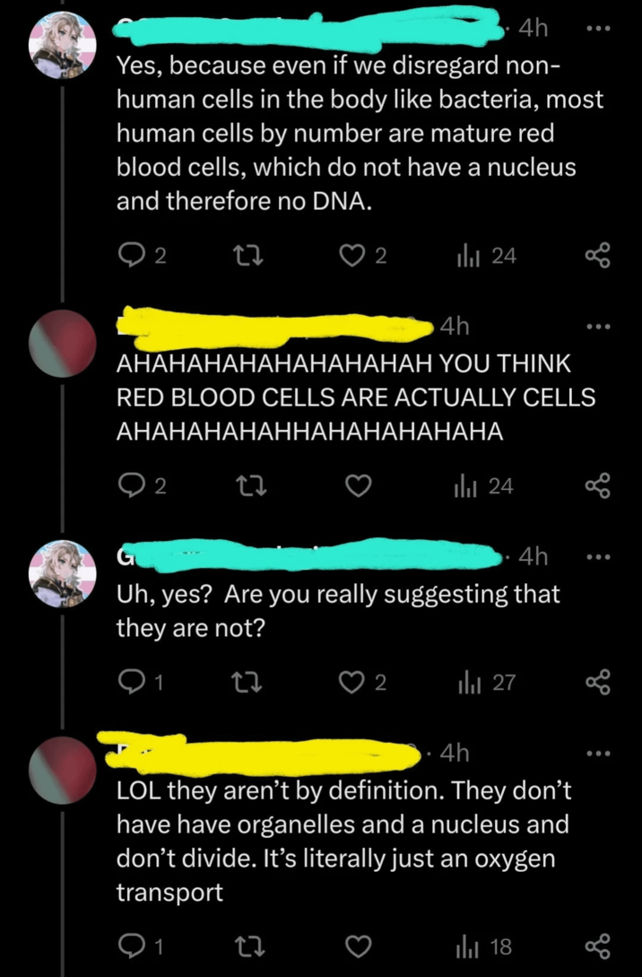 screenshot - 4h Yes, because even if we disregard non human cells in the body bacteria, most human cells by number are mature red blood cells, which do not have a nucleus and therefore no Dna. 2 12 2 that 24 4h Ahahahahahahahahah You Think Red Blood Cells