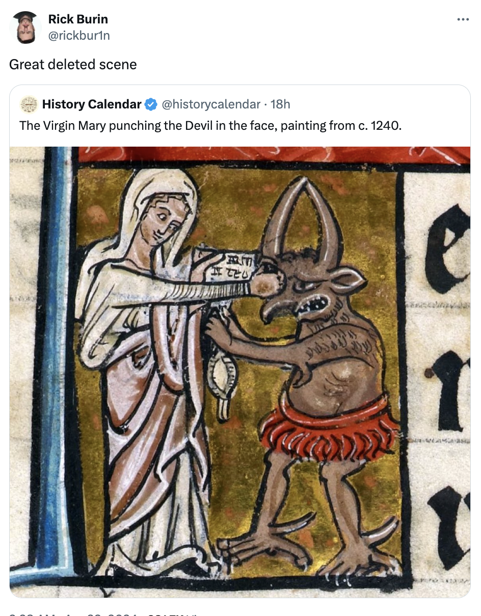 mary empress of - Rick Burin Great deleted scene History Calendar . 18h The Virgin Mary punching the Devil in the face, painting from c. 1240. 21 e 1