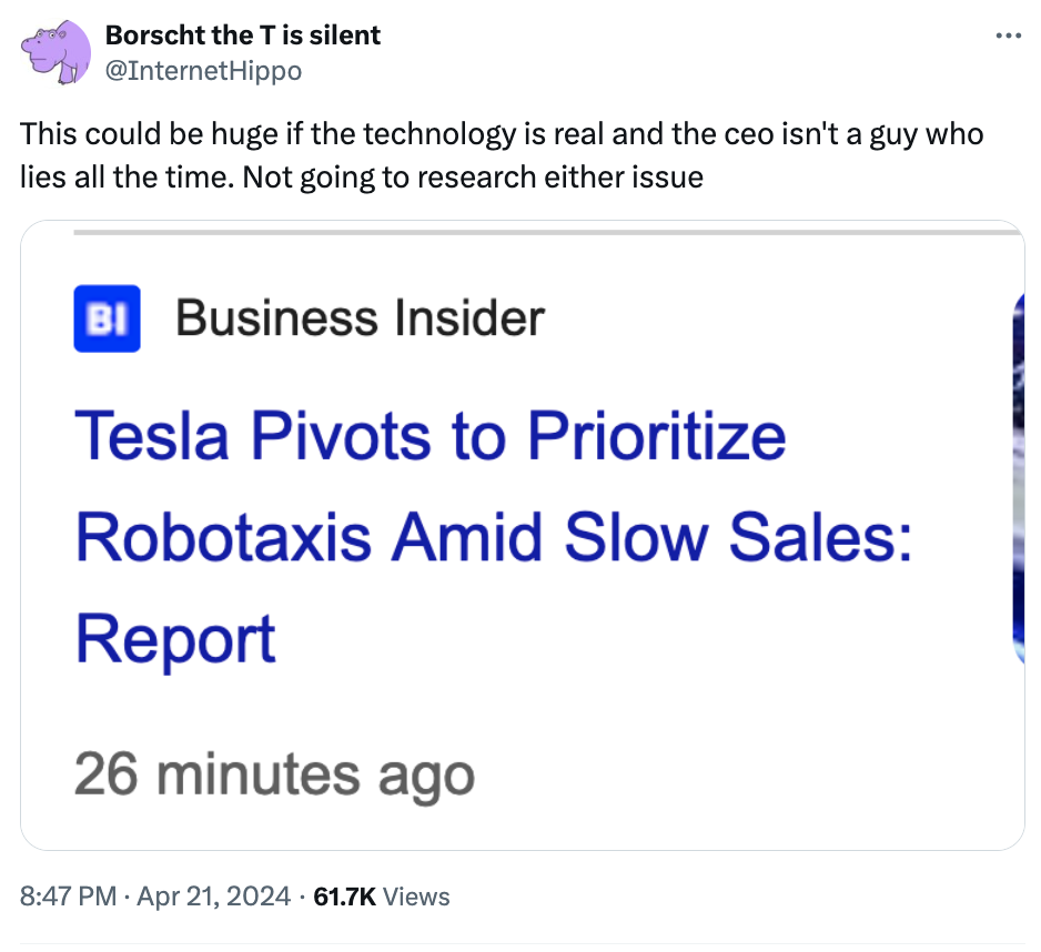 screenshot - Borscht the T is silent This could be huge if the technology is real and the ceo isn't a guy who lies all the time. Not going to research either issue Bi Business Insider Tesla Pivots to Prioritize Robotaxis Amid Slow Sales Report 26 minutes